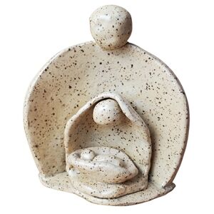 Handmade Ceramic Nativity. Artist Signed, Speckled Beige Holy Family Art.